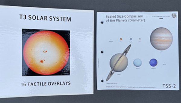 On the left side of this photo is a picture of the Touch the Solar System 3-ring-binder that holds the tactile images for this book. The white binder has an orange and yellow printed picture of the Sun with
sunspots. Above the Sun picture are the words, T3 Solar System and below the Sun picture are the words, 16 Tactile Overlays. To the right of the binder is one of the colorful tactile images from Touch the Solar System; a size comparison of the planets.